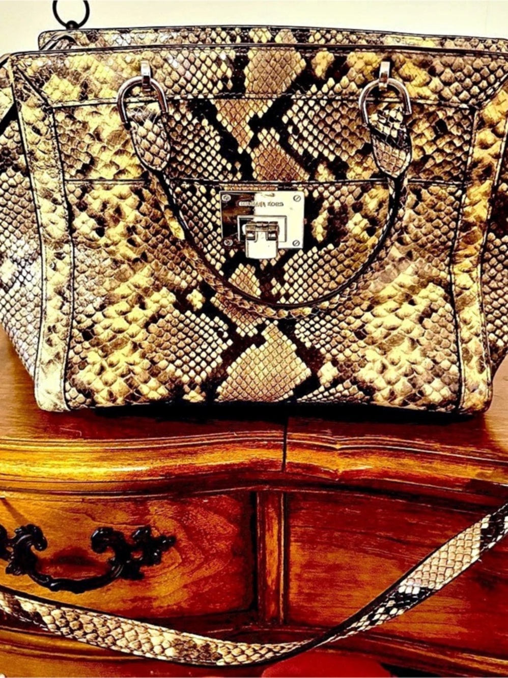 Michael Kors Hamilton Python Embossed Satchel Brown & Black